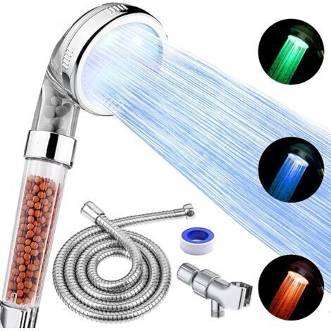 Pommeau de douche LED avec pommeau de douche à main haute pression avec tuyau et support, 3 filtres à économie d'eau à température contrôlée pour cheveux secs et peau