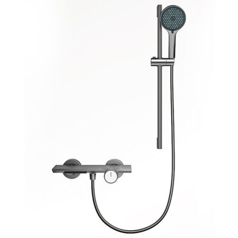 Pommeau de douche mural à main, pommeau de douche coulissant avec 4 modes, kit de douche extérieure, douche apparente, avec plateforme de rangement, hauteur réglable, gris