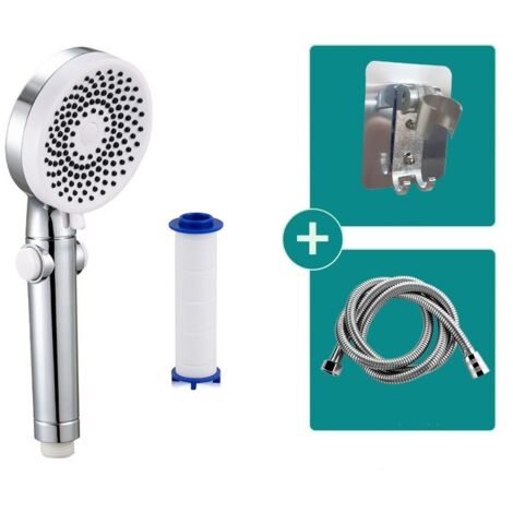 Pommeau de douche, pommeau de douche à pression, douche de salle de bain domestique, sortie d'eau à 3 vitesses (douche blanche + élément filtrant + flexible de douche + support)