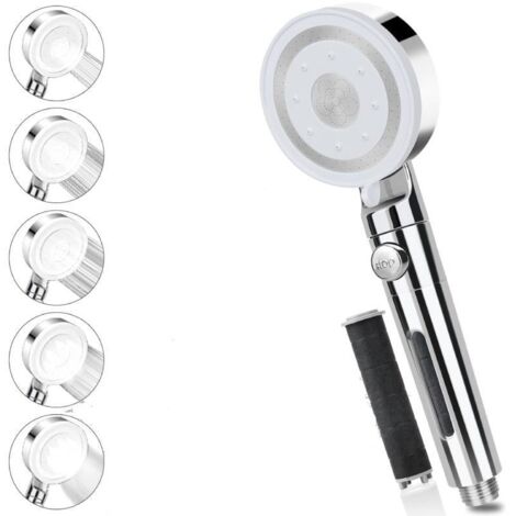 Pommeau de douche sans tuyau, pommeau de douche haute pression avec filtre, pommeau de douche avec 5 modes de pulvérisation, pommeau de douche avec flexible de douche en acier inoxydable (élimine le c