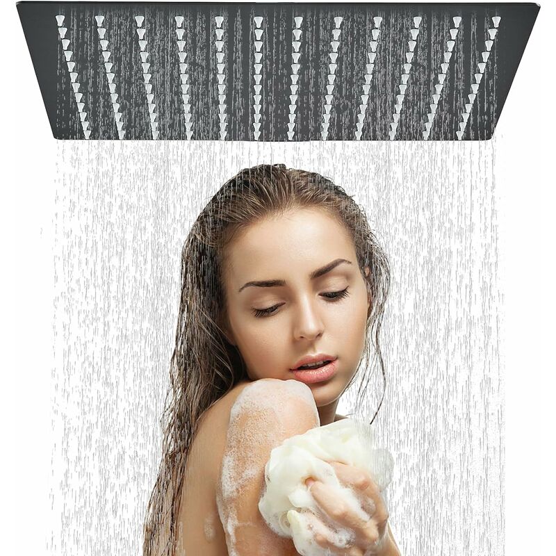 Pommeau de douche très mince à de 12 pouces Pommeau de douche à pluie carré Noir Buse en Silicone Facile à nettoyer Robinet fixe pour douche