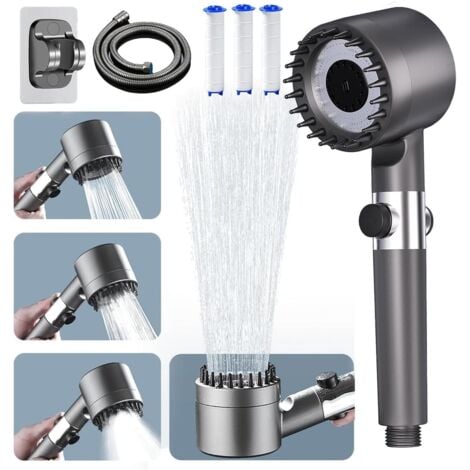 Pommeau de Duche Haute Pression,Pommeau de Duche Economie Deau avec Tuyau Douche 1.5M et Support,Salle de Bain Réglable à 4 Modes,Pommeau de Douche Anti Calcaire Bouton D'arrêt D'eau