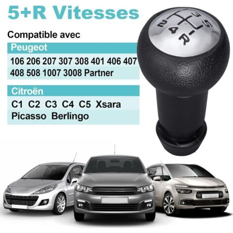 Pommeau de levier de vitesses manuel 5 vitesses pour Peugeot 106 107 207 301 307 308 407 408 508 3008 1007 / pour CITROEN C2 C3 C4 Picasso - Noir et argent