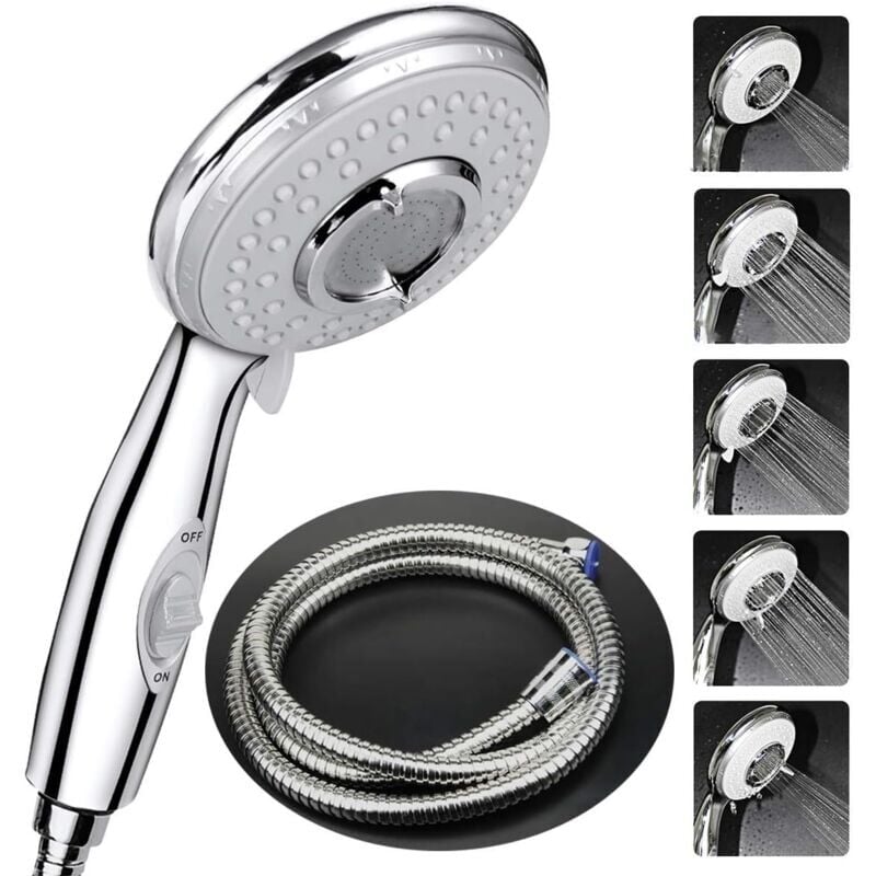 Forehill - Pommeau Douche + 2 m Tuyau de Douche Flexible,Pommeau de Douche avec Tuyau, 5 Modes Economiseur d'eau et bouton de l'interrupteur, Haute