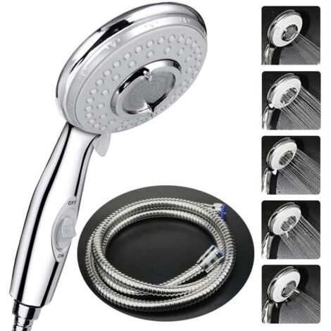 Pommeau Douche + 2 M Tuyau de Douche Flexible,Pommeau de Douche avec Tuyau, 5 Modes Economiseur d'eau et bouton de l'interrupteur, Haute Pression Douchette Pommeau Acier Inoxydable-RAPANDA