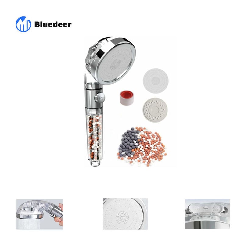 Pommeau Douche à main Filtrante avec fonction d'arrêt de l'eau, Pommeau Douche Anti Calcaire Économiseur d'Eau, douche à main Filtrante avec pierre
