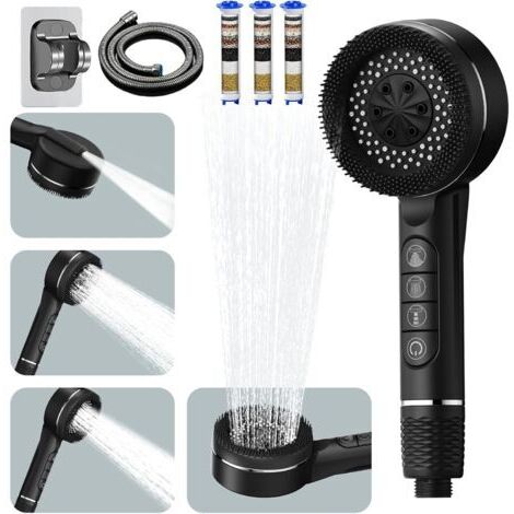 Pommeau Douche Haute Pression,Pommeau De Douche Anti Calcaire,Filtre Shower Head avec Tuyau 1.5M et Support,4 Types de Jets Douchette Douche Salle de Bain avec Bouton D'arrêt D'eau,Noir