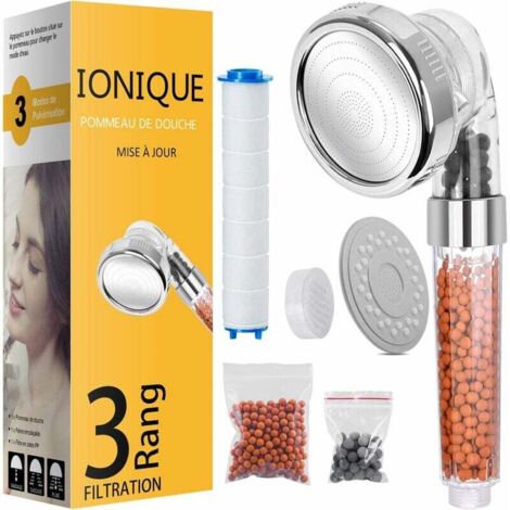 Pommeau Douche, Pommeau Douche Anti Calcaire Économiseur d'Eau, Pommeau de Douche Haute Pression Filtre à Trois Niveaux Système de Filtrage Ionique avec Filtre Coton PP Remplaçable