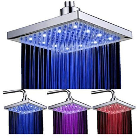 Pommeaux de douche LED carrés de 8 pouces, thermostatiques, finition chromée ABS tricolore, lot de 12, adaptés aux salles de bains.
