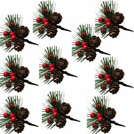 Pommes de Pin Baies de Noël Décoratives Aiguilles de Pin de Noël Baies Rouges Branches de Baies Branches de Sapin Tiges Artificielles de Baies de Pomme de Pin Piques Pin Artificiel(10 Pièces)