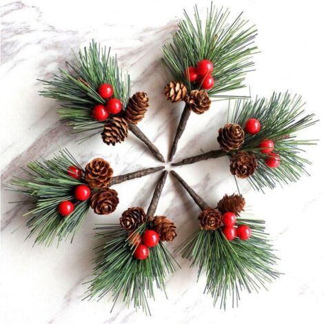 Pommes de Pin Baies de Noël Décoratives Aiguilles de Pin de Noël Baies Rouges Branches de Baies Branches de Sapin Tiges Artificis de Baies de Pomme de Pin Piques Pin Artificiel(10 Pièces)