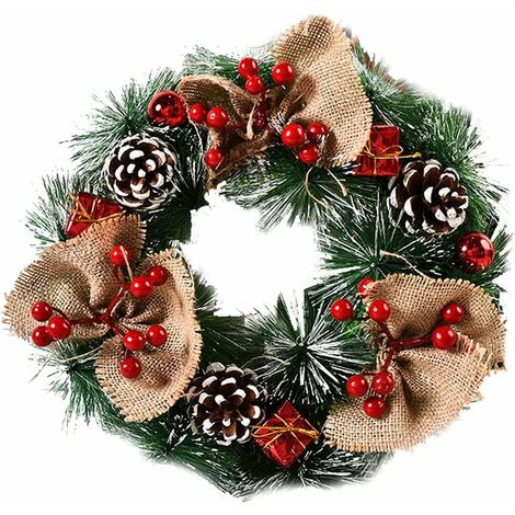 Pommes de Pin et Baies Guirlande de Noël Suspendue à la Porte Couronne Artificielle de Noël Décoration de Noël pour Extérieur Intérieur Sapin Porte Cheminée 32cm (Trois nœuds)