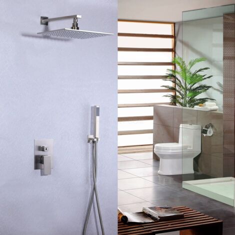 Pomo de ducha LED en acero inoxidable y sistema de ducha de mano en níquel cepillado Con LED 200 mm