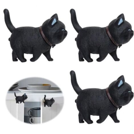 Pomo de puerta con forma de gato, tirador para mueble, goma blanda, PVC, cabeza de gato negra, giratorio, 3 piezas