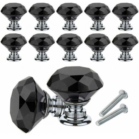 Pomos de cristal para muebles, paquete de 10 pomos de cristal de diamante, 30 mm, para puertas y cajones con tornillos para el hogar, la oficina, la cómoda, la cocina y más (negro)