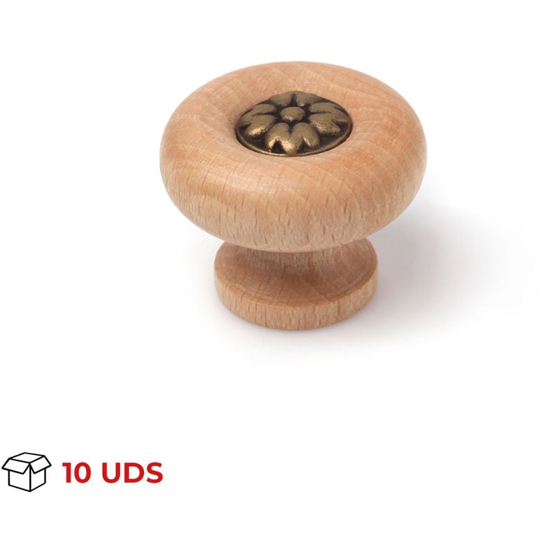 

REI - Caja con 10 pomos de estilo clásico madera, fabricado en madera, con acabado haya transparente y 40 mm de diámetro.