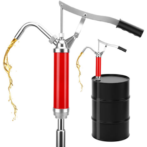 Pompa manuale per fusti con leva regolabile, robusta e durevole, utilizzata per il trasporto di carburante e altri liquidi.