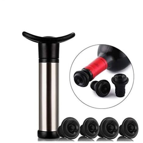Pompa per vuoto in acciaio inox e 4 tappi ermetici - Pompa per vuoto con scatola regalo - Rallenta l'ossidazione e sigilla le bottiglie