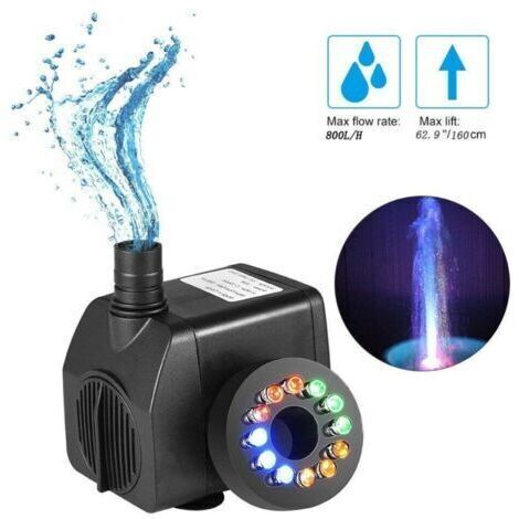Pompa sommergibile da 8W 220V con 12 LED colorati per fontane, piscine, giardini e acquari.