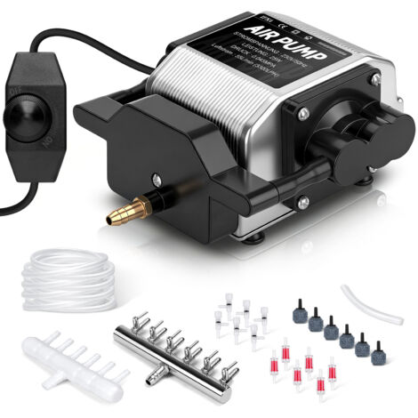 Pompe à Air 25W 3300L/H pour Aquarium / Bassin, avec 6 Diffuseurs d'air 45kPa, 6 Sorties, 48dB Moteur en Cuivre Double Canal, Aérateur Réglable Pompe à Oxygène en Aluminium pour étangs et élevage