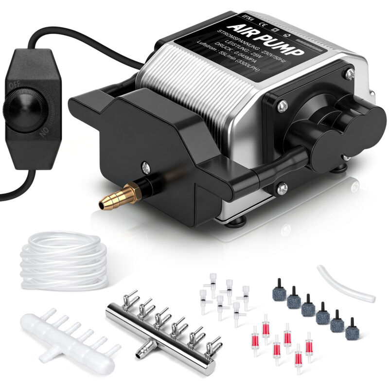 Pompe à Air 25W 3300L/H pour Aquarium / Bassin, avec 6 Diffuseurs d'air 45kPa, 6 Sorties, 48dB Moteur en Cuivre Double Canal, Aérateur Réglable Pompe