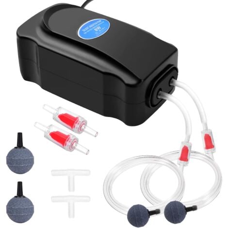Pompe à Air Aquarium, 8W Réglable Puissante Double Sortie Bulleur Aquarium pour Aquarium 5 à 300 L Ultra Silencieuse avec 2M Tuyau,Pierre à Air,Clapet Anti-Retour et Raccord en T
