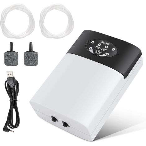 Pompe à air aquarium, Pompe à air portative aquarium, Pompe à oxygène USB, Bulleur Aquarium Silencieux, Pompe à air à oxygène, débit de 2 × 3L / Min, 2 Sorties dair