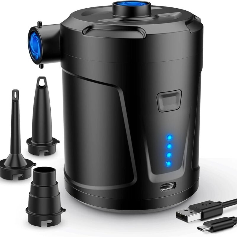 Pompe à air électrique, Batterie Rechargeable 5200 mAh, Gonfleur Matelas Gonflable avec 3 Buses d'air, Gonfleur Rapide pour Bateau