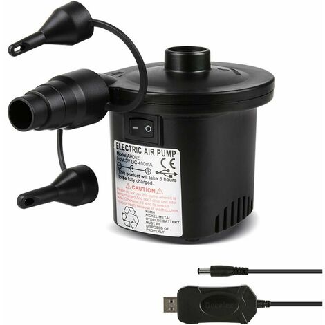 Pompe à air électrique, gonfleur électrique rechargeable avec remplissage, rapide à gonfler/dégonfler 3 embouts et adaptateur USB 5 V inclus pour matelas de camping gonflable Air Pool