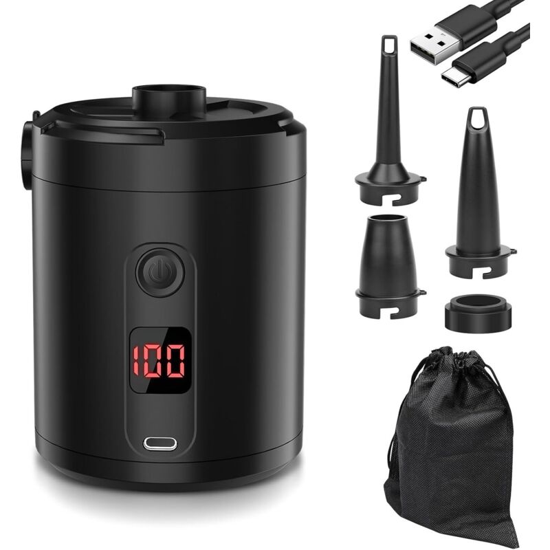 Pompe à Air Électrique Rechargeable 5200 mAh avec Écran Numérique, Gonfleur Rapide 280 L/Min, 3 Buses + Joint pour Sac sous Vide, Portable pour