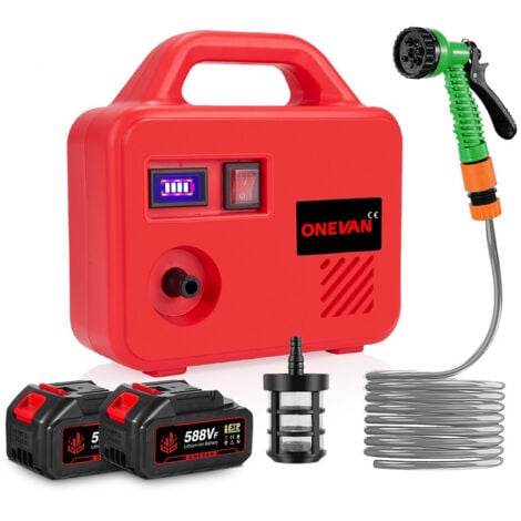 ONEVAN Pompe à eau sans fil , Pompe de surface, Avec Tuyau 10M Tuyau D'entrée D'eau 3M 6 Modes Pulvérisation,Avec deux batteries