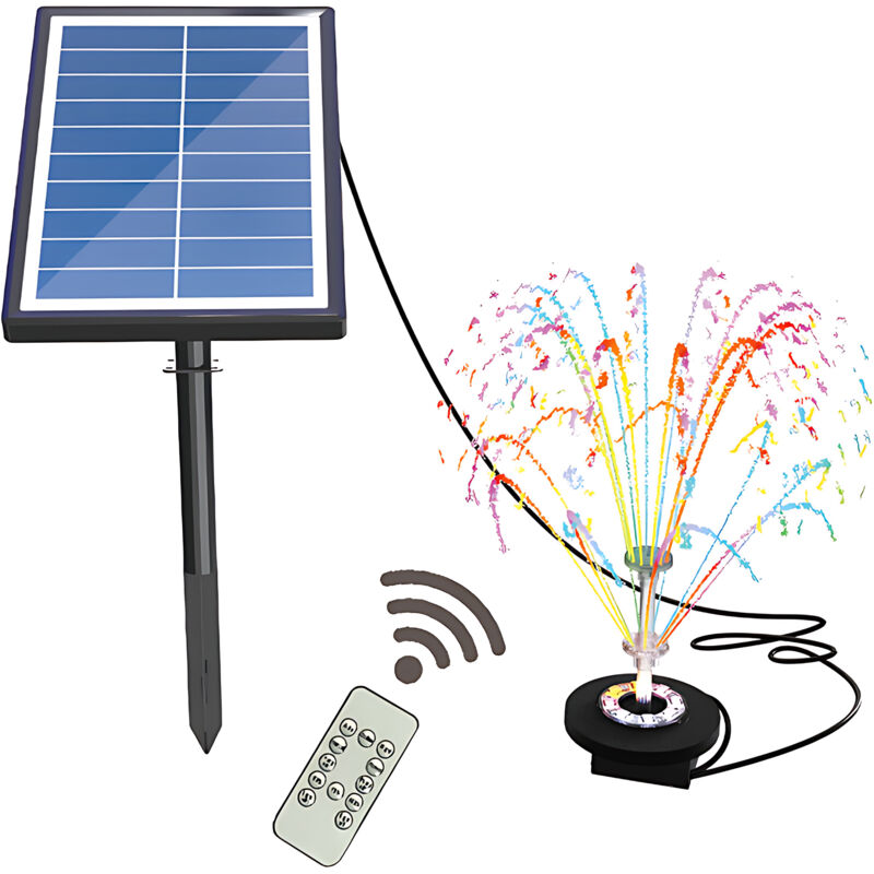 Rosvola - Pompe à eau solaire avec lumière colorée et télécommande 17 pièces Kit de buses transparentes double couche Fontaine 7 w Batterie intégrée