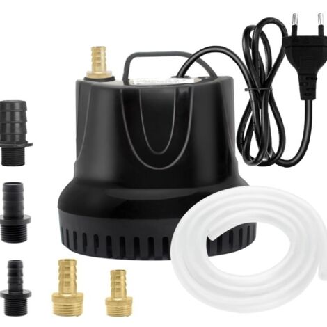 Pompe à eau submersible 25 W, 1500 l/h, ultra silencieuse, idéale pour bassin, fontaine de jardin et aquarium. Tuyau transparent de 1,5 m avec 5 buses.