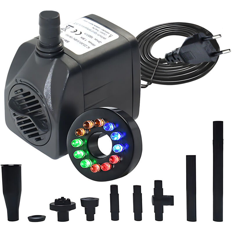 Lifcausal - Pompe à eau submersible avec lumière colorée, plusieurs buses, pompe de fontaine électrique 1000 l/h avec levage maximal de 4,9 pieds et