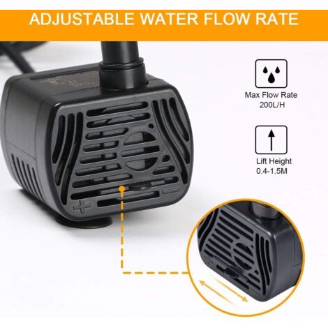 Pompe à eau submersible, pompe pour aquarium, débit réglable de 200 l/h, puissance de 3 W, câble USB de 1,4 m