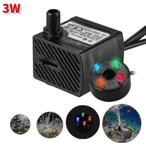Pompe à eau submersible puissante de 3 W avec lumière LED et débit réglable, compatible avec les fontaines, bassins et aquariums.