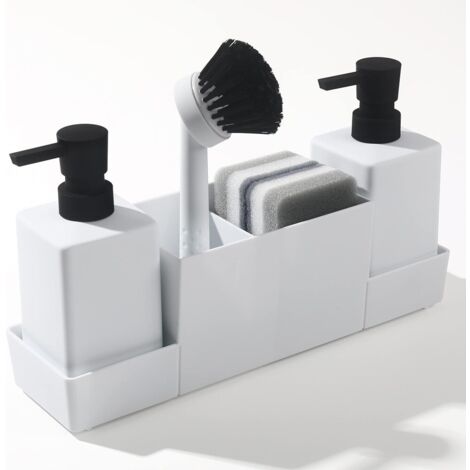 Pompe à liquide vaisselle avec porte-éponge, ensemble d'organisation pour évier, pompe à savon pour les mains et liquide vaisselle avec brosse, blanc mat (blanc)-AquaForge