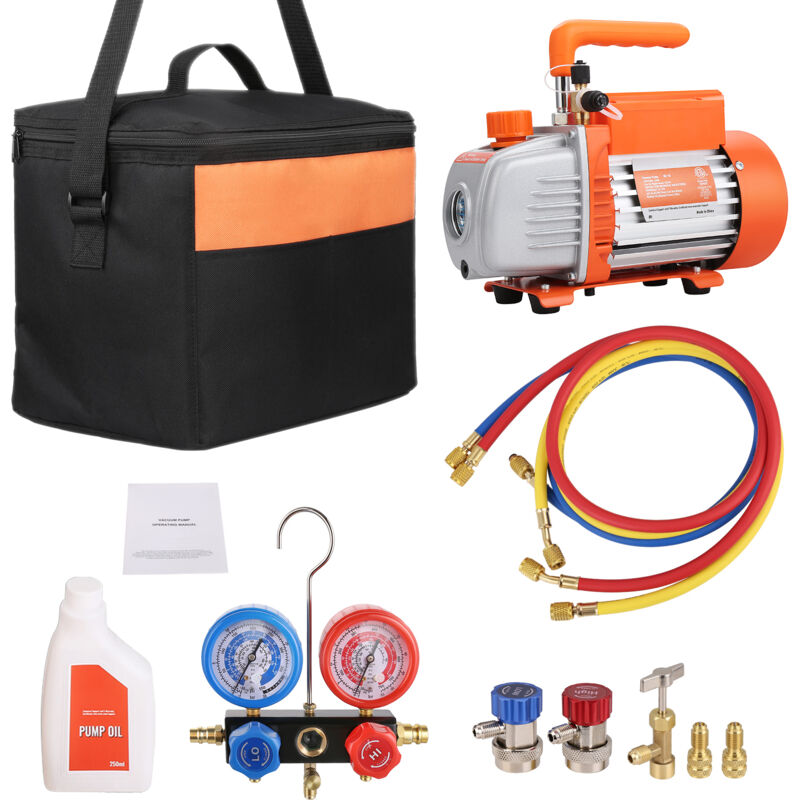 Mophorn - Pompe à vide et manomètre 1/5 hp 3,5 cfm ac Kit cvc à palettes rotatives à un étage avec manomètres de collecteur, tuyau tricolore, sac de