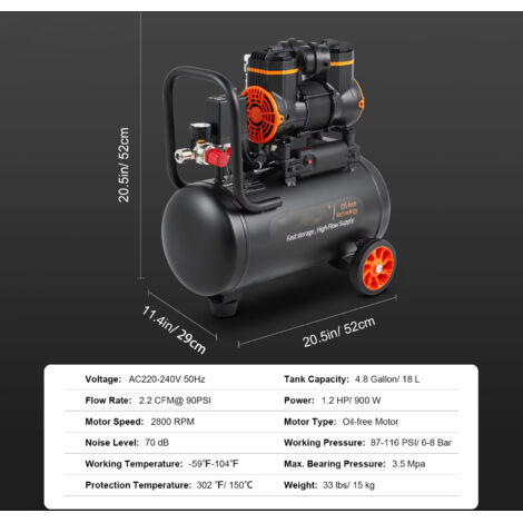 Pompe compression 900 W – 18 L – Silencieuse sans huile – Usage mobile – Gonflage divers