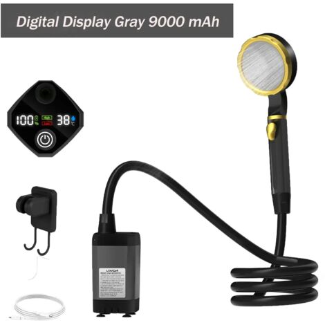 Pompe de douche de camping (Gris 9000 mAh) Kit de douche extérieure pour camping-car avec écran numérique intelligent et réglable, outils de plein air