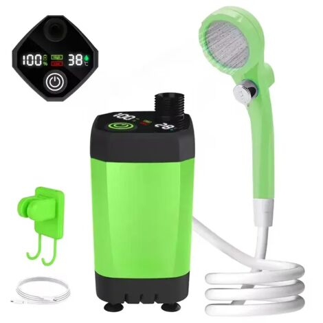 Pompe de douche de camping portable (verte) 6000 mAh rechargeable avec affichage LED intelligent et kit de douche étanche