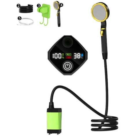 Pompe de douche électrique portable rechargeable (verte, 9000 mAh) pour camping en extérieur, avec affichage numérique intelligent.