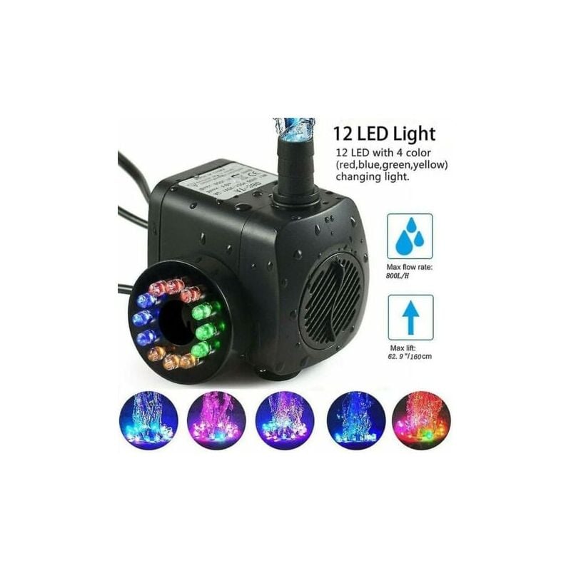 SNQ - Pompe de fontaine 15w 800lh, pompe de bassin, pompe de fontaine, pompe de jardin, pompe de fontaine avec 12 leds