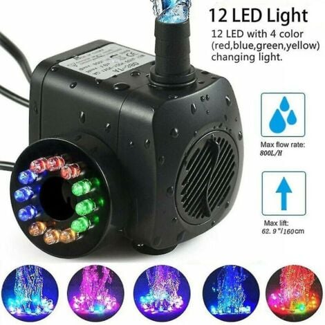 Pompe de fontaine 15w 800lh, pompe de bassin, pompe de fontaine, pompe de jardin, pompe de fontaine avec 12 leds