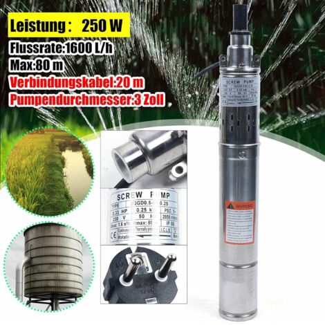 Pompe de puits profond 250W 3 pouces Pompe de puits à vis idéale pour l'approvisionnement en eau fraîche des housers, fermes et huttes à la campagne 1600 L/h