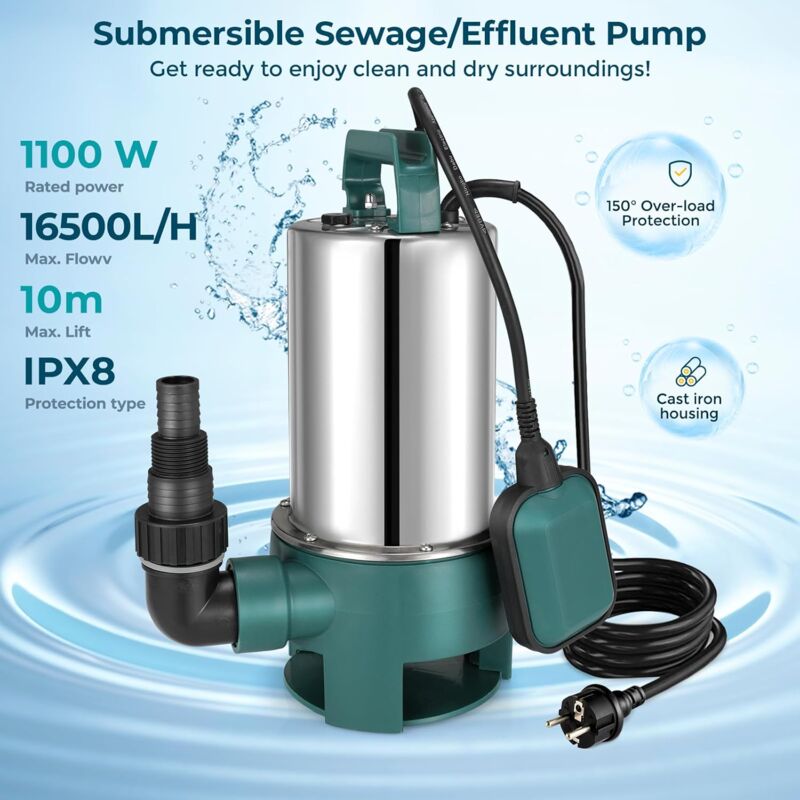 Pompe de Relevage Eaux Chargees 1100W,Pompe d’Evacuation pour Eaux Chargees, 16500L/h Pompe Immergee IPX8