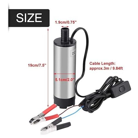 Pompe de transfert, Mini pompe 12v carburant en acier inoxydable, pompe gasoil à eau de pompe diesel avec un tamis sans rouille sur le fond pour voiture, pompe submersible de bateau débit max 30 L/min