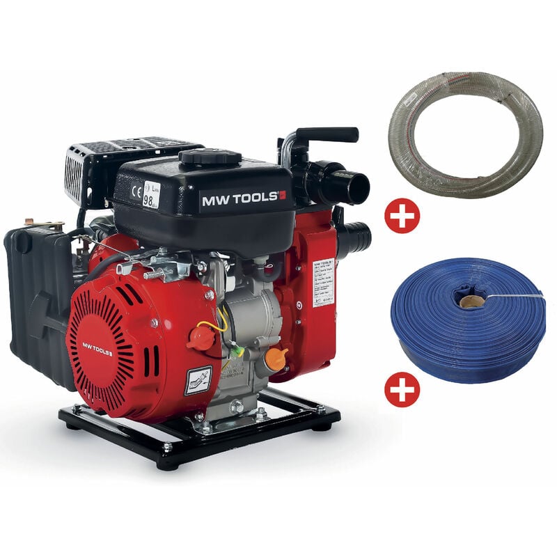 Pack Pompe à eau thermique essence 10.000 L/h 2 cv raccord 1,5 avec tuyau d'aspiration 5 m et tuyau de refoulement 50 m Mw Tools WP1000SET