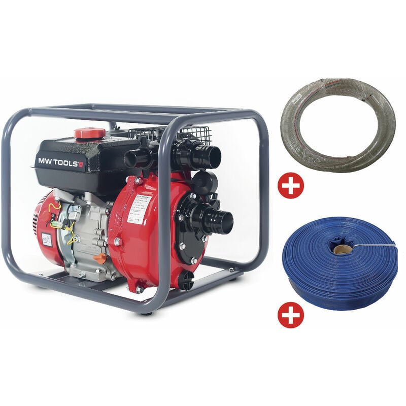 Pack Pompe à eau thermique essence 18.000 L/h 7 cv raccord 2 avec tuyau d'aspiration 5 m et tuyau de refoulement 50 m Mw Tools WP1800PSET