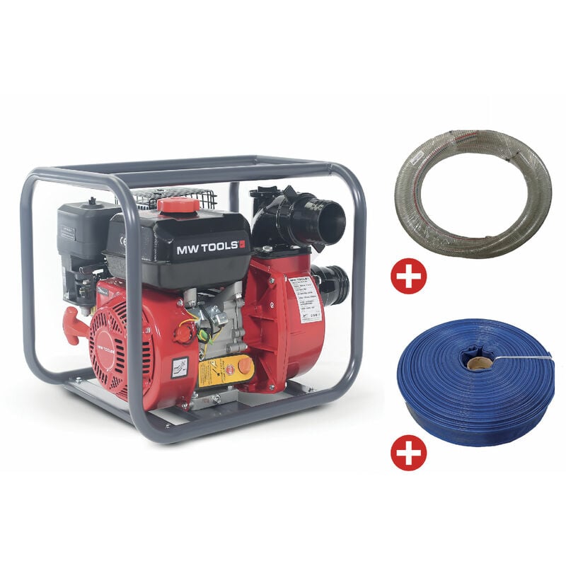 Pack Pompe à eau thermique essence 48.000 L/h 7 cv raccord 3 avec tuyau d'aspiration 5 m et tuyau de refoulement 50 m Mw Tools WP4800SET